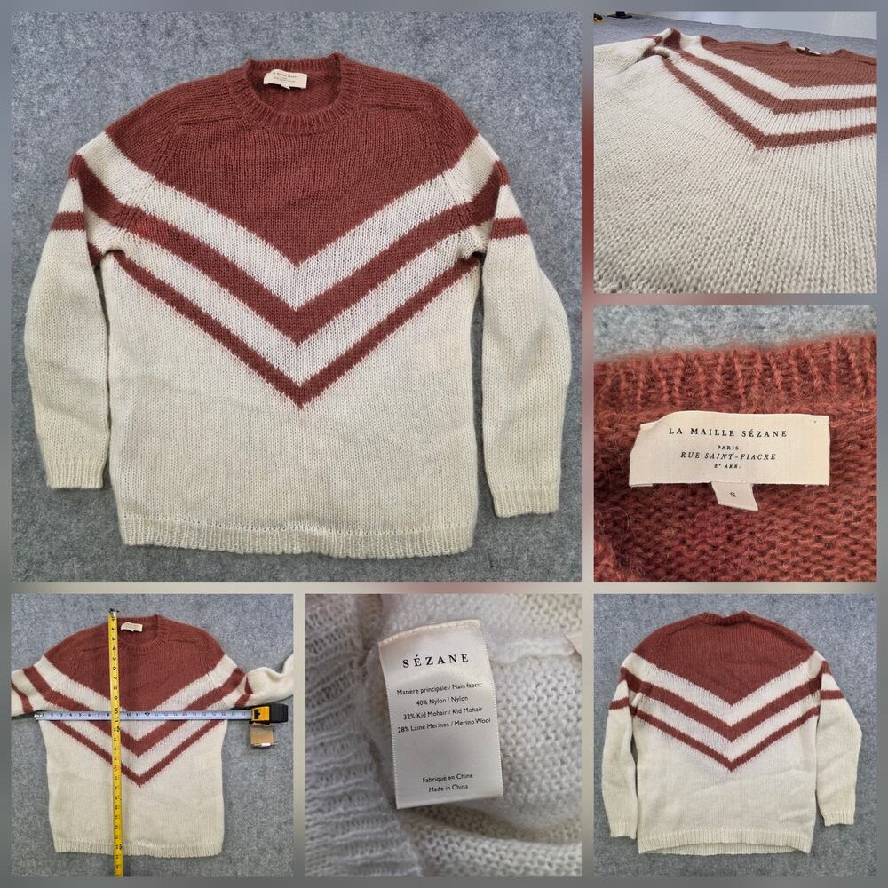 Sezane Sweater Womens Small White Brown Chevron Striped Mohair Knit Pullover